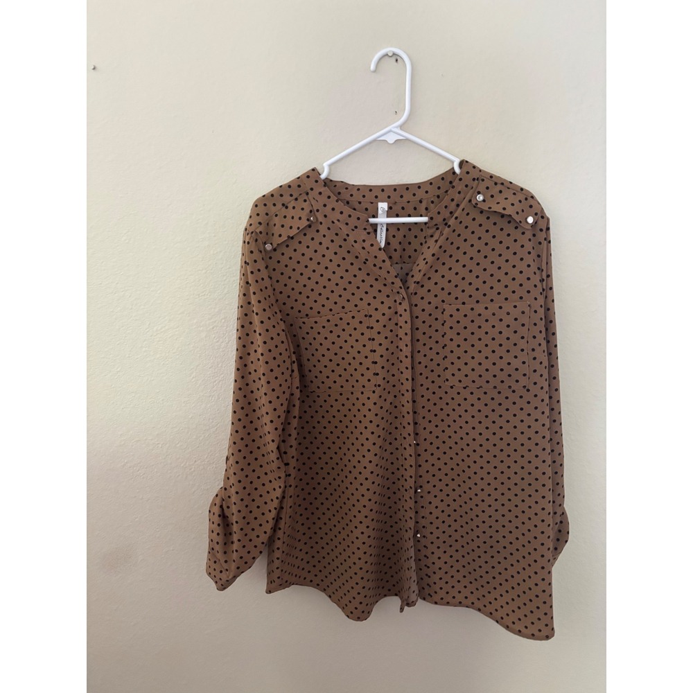 My Collection Polka Dot Button Front Blouse Tan Black L 
 Long Sleeve Top A1123